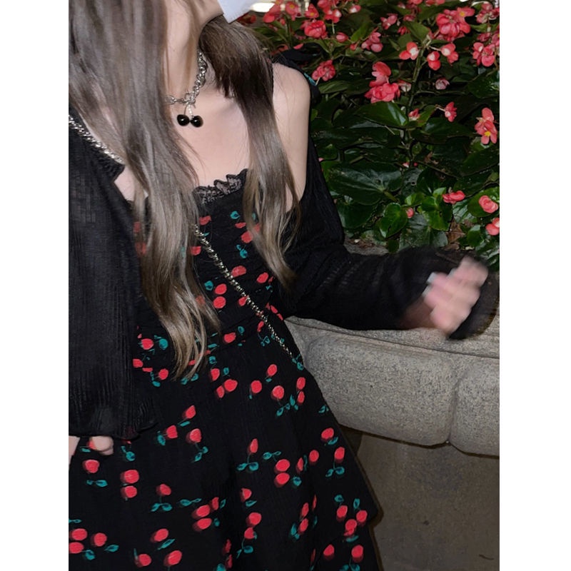 Set Đầm Hai Dây Họa Tiết Trái Cherry + Áo Khoác Cardigan Mỏng Chống Nắng Dành Cho Nữ