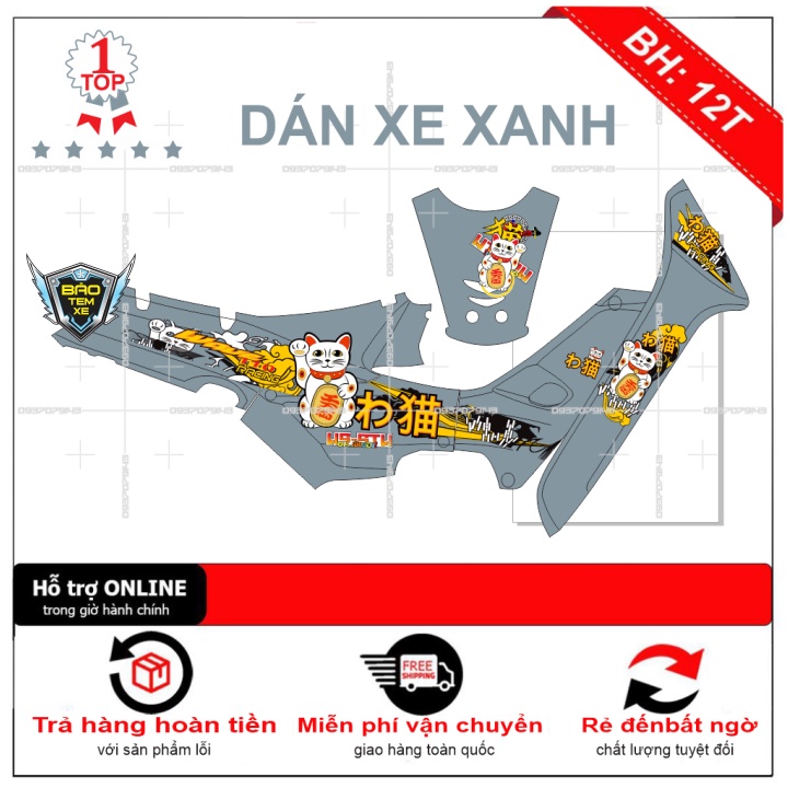 Tem rời dán xe wave nhỏ đời đầu mèo thần tài - Bi Decal