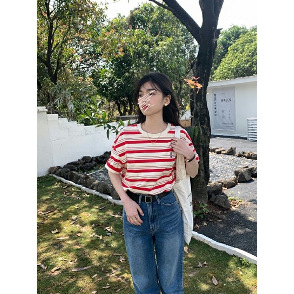 Áo phông áo thun nữ kẻ ngang thêu hình gấu phong cách Hàn Quốc