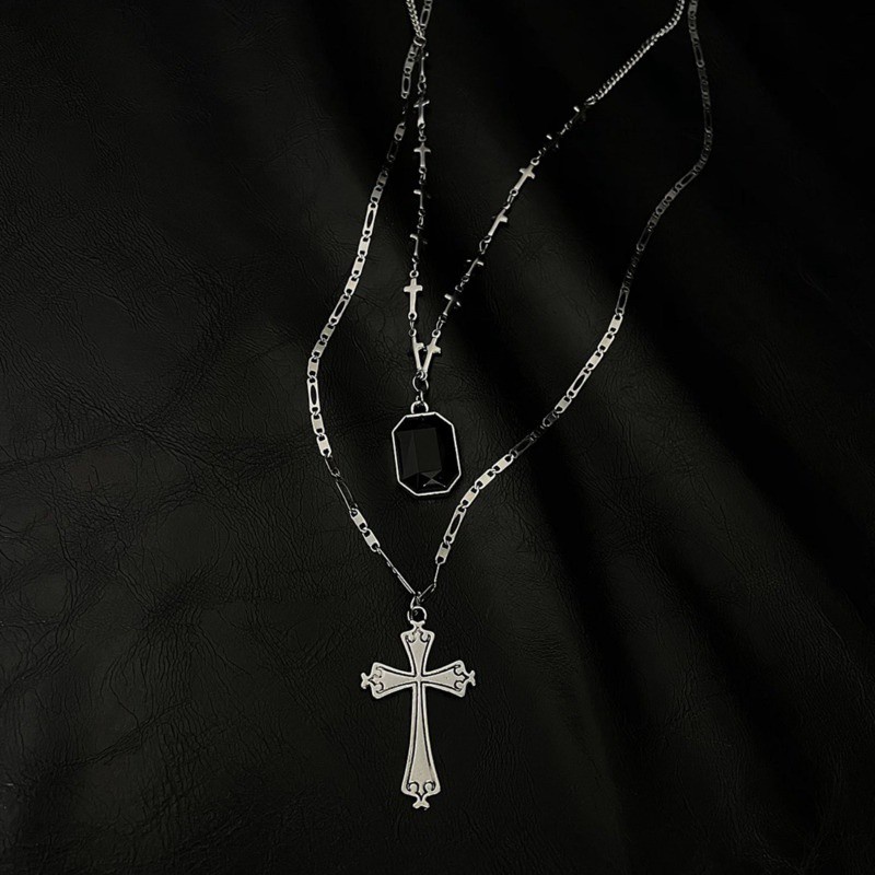 Vòng cổ mặt kim cương đen chữ thập 191099 nhiều lớp dây phong cách hip hop đường phố cá tính
