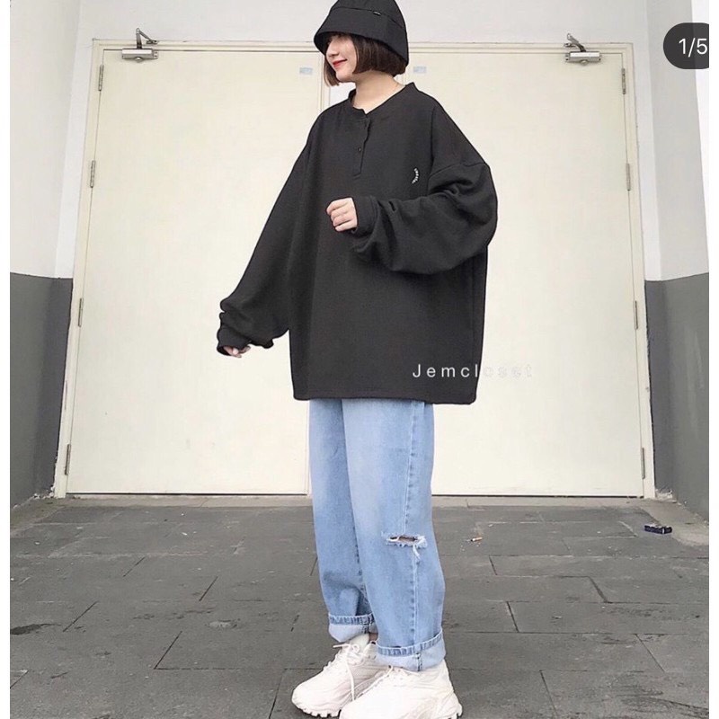 Áo Nỉ Bông Cổ Tàu Sweater Unisex 🦋 Áo Thun Nữ Tay Bồng Dáng Rộng Cúc Cài 2 Màu 🦋