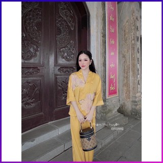 Bộ lụa đi chùa đắp hoa nổi cao cấp