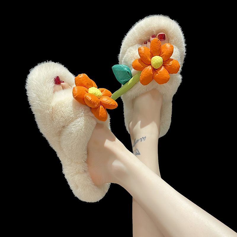 Dép Bông Quai Chéo Phối Lông Thời Trang Thu Đông 2022 Cho Nữ