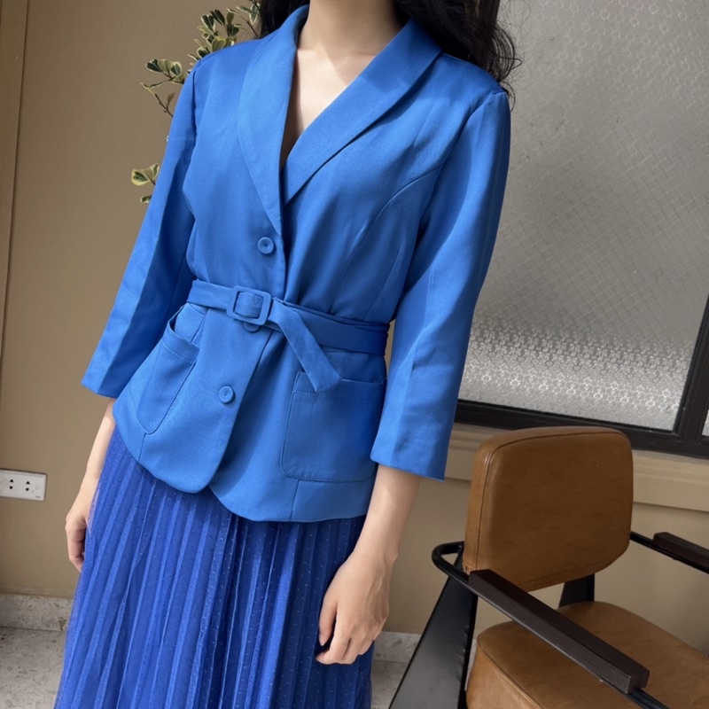 Set áo blazer chân váy xanh nước biển tôn da