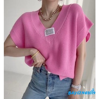 BAY-Áo khoác dệt kim sát nách cổ chữ V họa tiết chữ màu hồng/xám/đen/be cho nữ