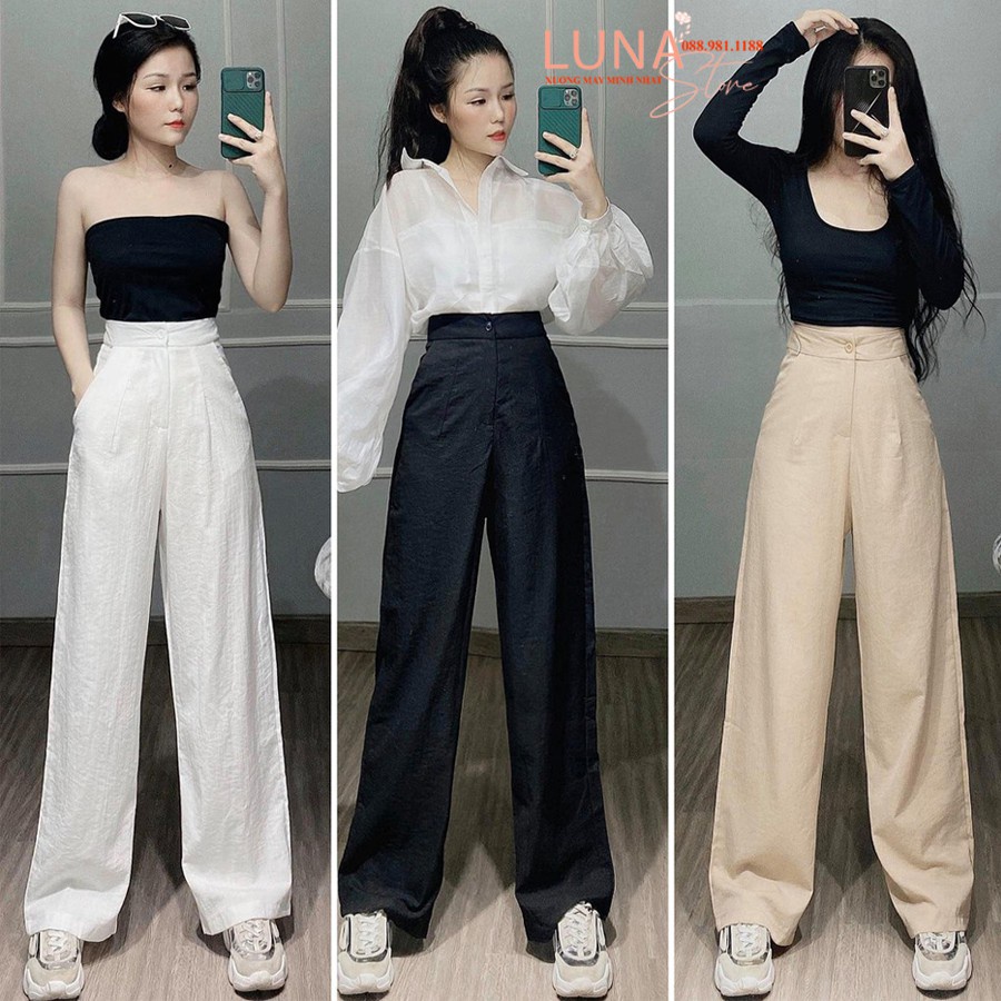 Quần đũi ống rộng dài 100cm khóa thật cúc cài - Cạp chun lưng thun cao co giãn - Dáng ông suông - Màu Đen Trắng vải đũi