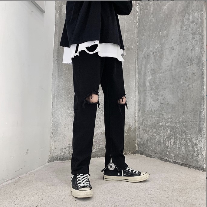 Quần jean nam rách gối màu đen co giãn khóa zip gấu 2 bên đẹp mới 221 hà nội hcm Pon.mens