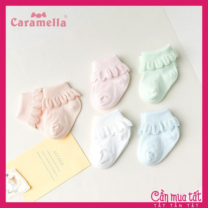 Tất cotton trơn màu trẻ em hiệu CARAMELLA 5 đôi vớ nhún bèo dễ thương