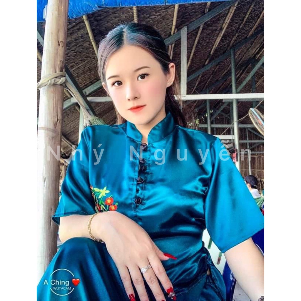 Đồ Lam Nữ Đi Chùa Thêu Hoa Kèm Dây Cột Eo
