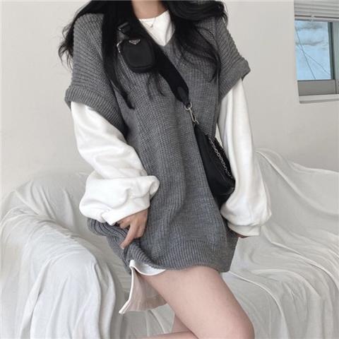 Set áo thun + áo len không tay cổ chữ v thiết kế mới thời trang theo phong cách Hàn Quốc