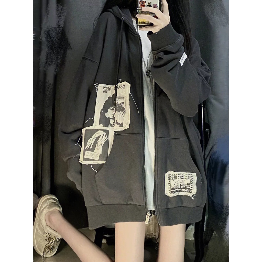 QOEDDV Áo Khoác Cardigan Tay Dài Có Mũ Trùm Đầu Màu Đen Phối Khóa Kéo Phong Cách Retro Mỹ Cho Nữ
