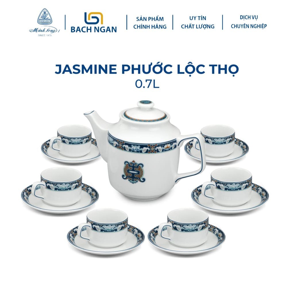 Bộ Ấm Trà Gốm Sứ Cao Cấp Minh Long 0.7 L - Jasmine - Phước Lộc Thọ hàng đẹp, sang trọng đãi khách, quà tặng - 6 tách