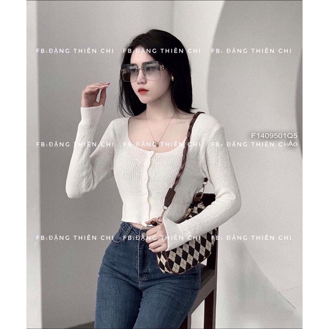 Áo len cổ U rộng dài tay gài nút croptop TT1409