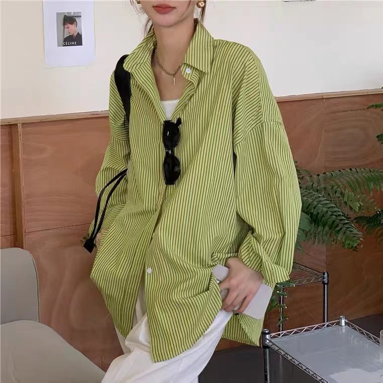 Áo sơ mi SUXI tay dài dáng rộng họa tiết kẻ sọc thời trang mùa hè cho nữ