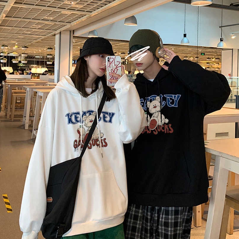 Áo sweater ZHELIHANGFEI tay dài dáng rộng họa tiết gấu in phong cách Preppy