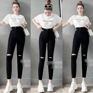 Quần jeans đen tuyền rách gối big size / jeans nữ lưng cao co giãn