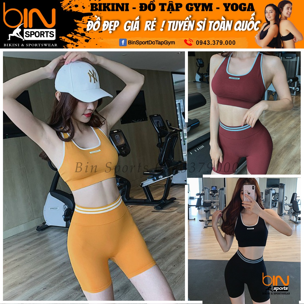 Set bộ đồ tập gym yoga nữ dệt kim áo bra kèm mút quần đùi ngố cao cấp freesize Bin Sports BL026