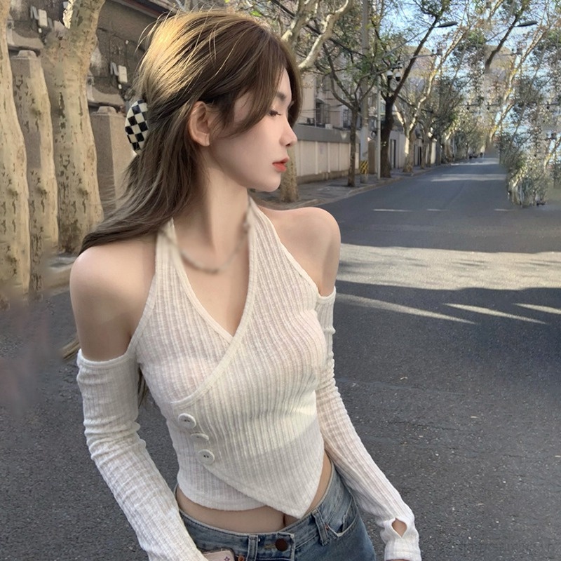 Áo Croptop Trễ Vai Tay Dài Màu Sắc Trơn Thiết Kế Quyến Rũ Dành Cho Nữ