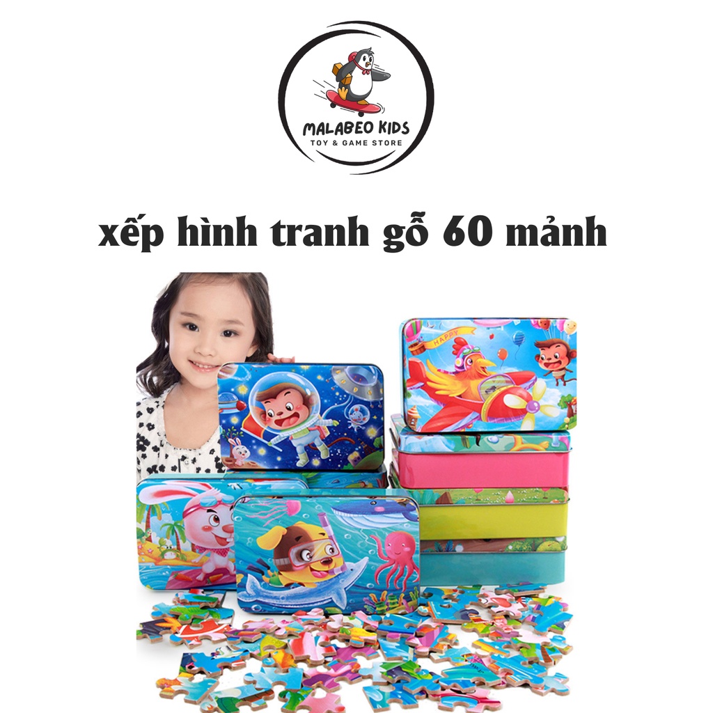 Xếp hình tranh gỗ 60 mảnh hộp sắt chủ đề 12 con giáp MALABEO KIDS, đồ chơi gỗ tranh ghép hình cho bé