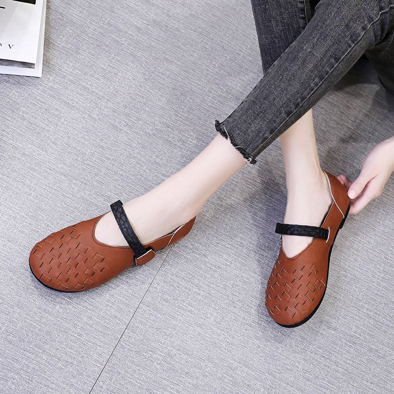 IELGY one-line belt soft sole Literature and art retro forest style large size single shoes big toe casual women's shoes shallow mouth all-match trendy