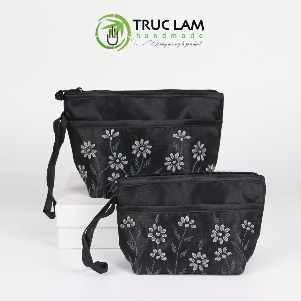 Ví Cầm Tay Nữ Vải Tafta Họa Tiết Hoa Cỏ Thêu Tay Set 2 Chiếc - Trúc Lâm Handmade