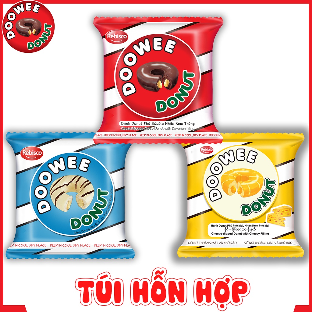 Bánh bông lan - Doowee Donut - Túi hỗn hợp 3 vị II - Combo 2 túi -  Túi 12 cái/ 360 Gram