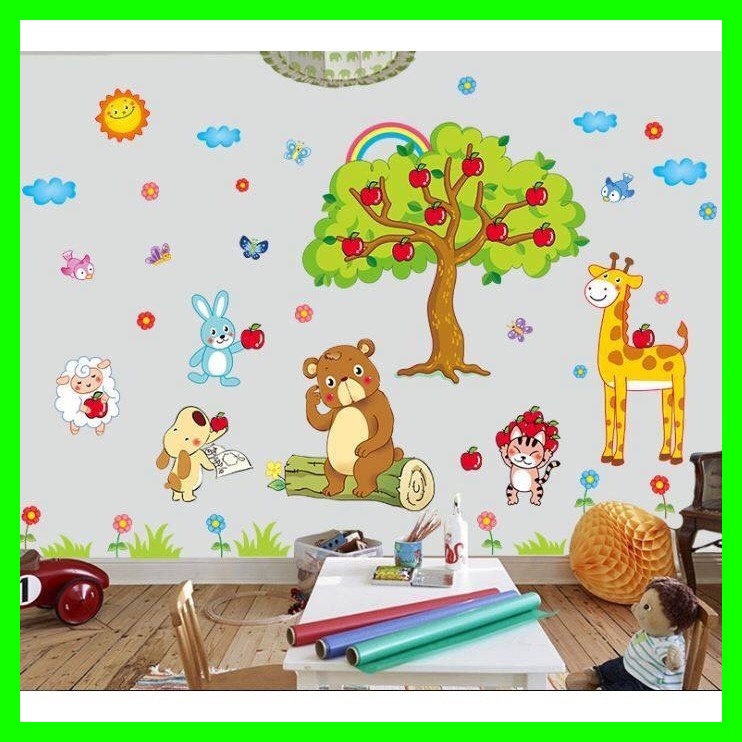 Decal dán tường vườn thú cây táo ghép khỉ đu dây