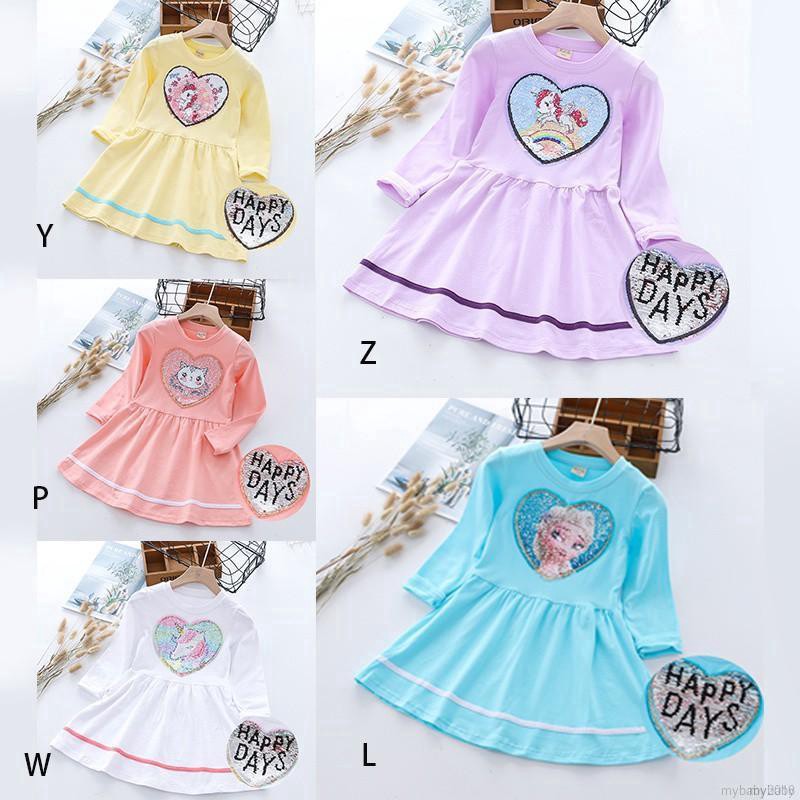 MYBABY Autumn Baby Girls Long Sleeve Sequins Dress Cartoon Letters Change Color Design Dresses