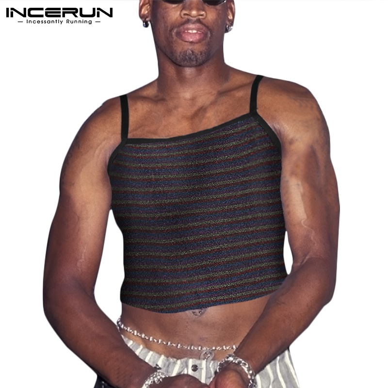 Áo kiểu INCERUN hai dây ôm dáng vừa vặn họa tiết kim sa/ kẻ sọc thời trang mùa hè dành cho nam