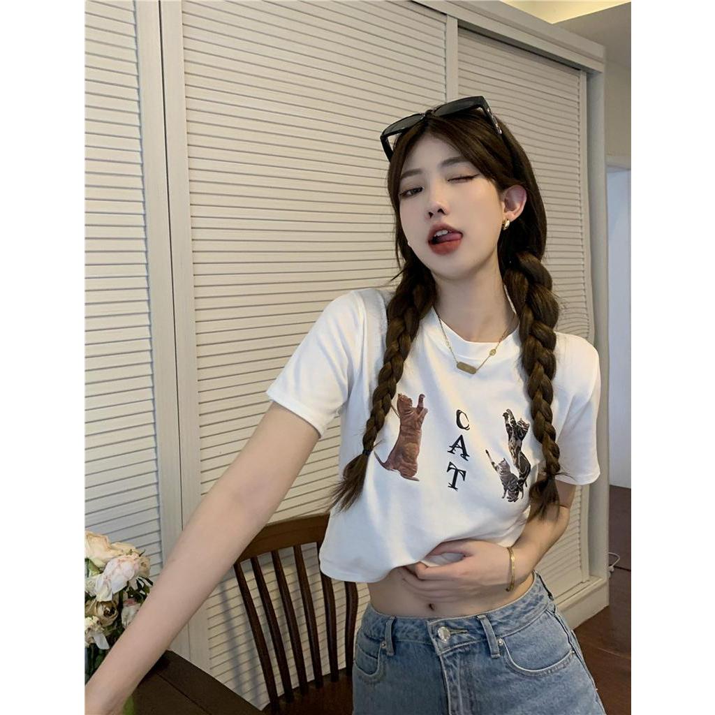 Áo Thun Ngắn Tay In Hình Mèo Phong Cách Retro Cá Tính 63402