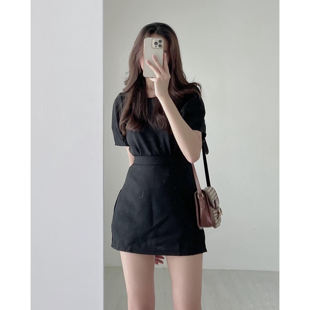 Set Áo Tay Bồng Và Chân Váy Chữ A Có 2 Lớp Phía Sau Lưng Chun Chuẩn Form