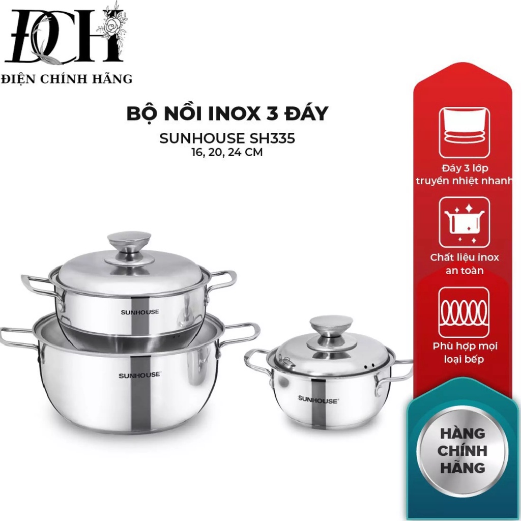 Bộ 3 Nồi Inox 3 Đáy Bếp Từ SUNHOUSE 16cm 20cm 24cm Nắp INOX  (dùng được trên mọi loại bếp) Mới 100% Chính Hãng Bảo Hành