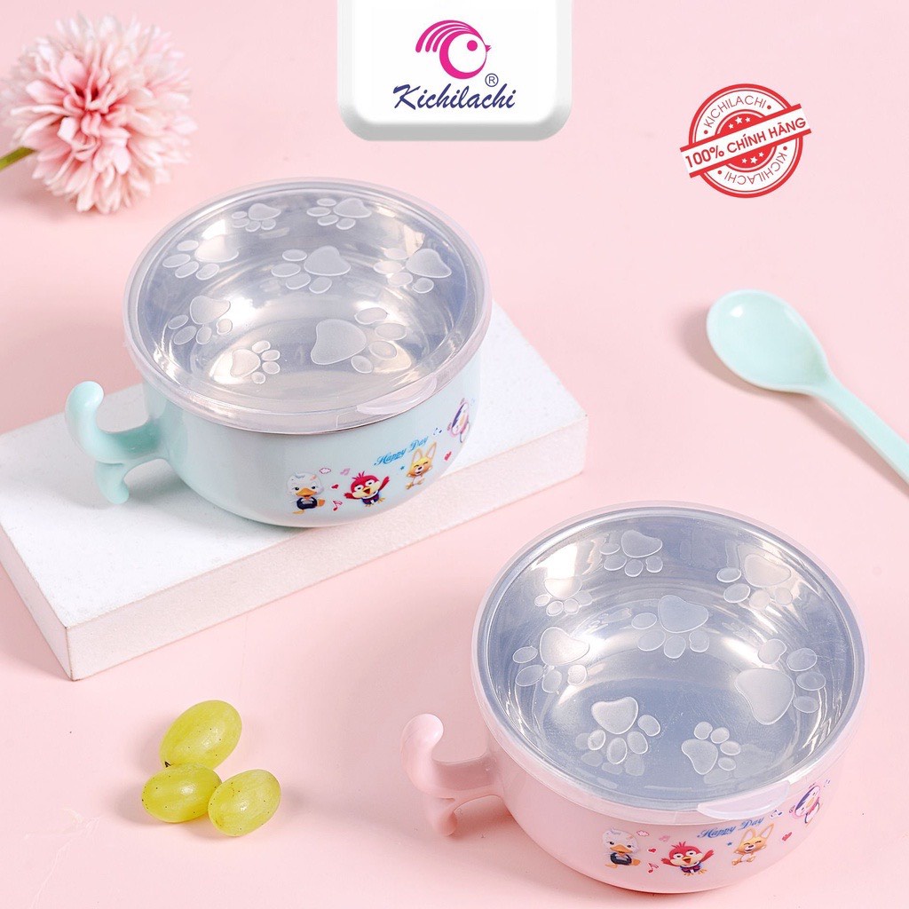 Bát ăn dặm inox kichilachi chống nóng giữ nhiệt 2 lớp kèm thìa