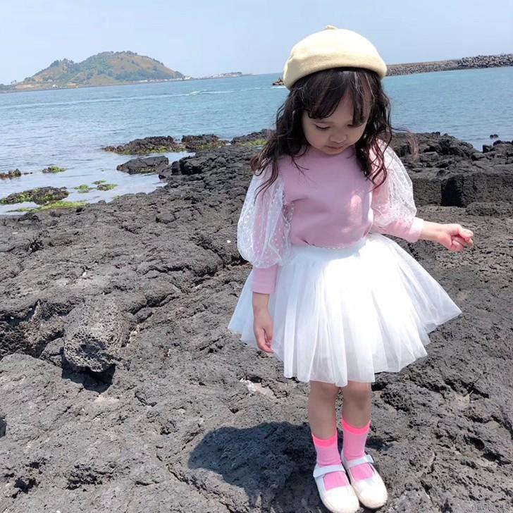 Set áo thun tay dài màu trơn &amp; váy công chúa Hàn Quốc cho bé gái