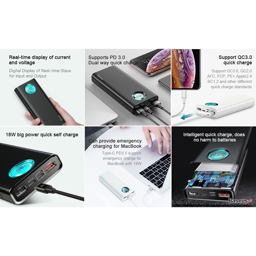 Pin sạc dự phòng Baseus Amblight 20000mAh 18W QC 3.0/2.0 sạc cực nhanh cho Smartphone / Laptop  - Hàng Chính Hãng