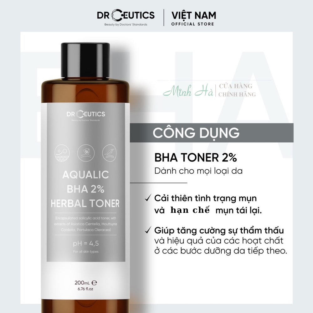 Toner DrCeutics Aqualic BHA 2% Herbal 200ml (nền nước) giúp làm sạch và cân bằng pH của da