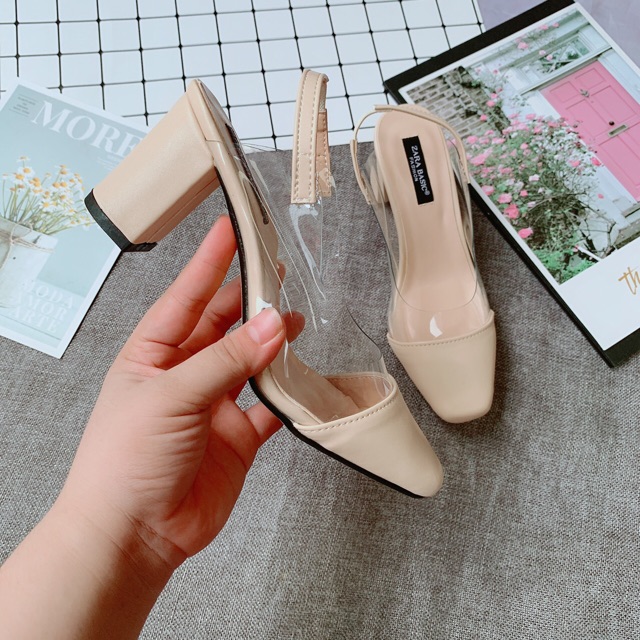 Giày cao gót nữ I Sandal gót vuông 7p da lộn phối trong mũi vuông hot trend năm nay