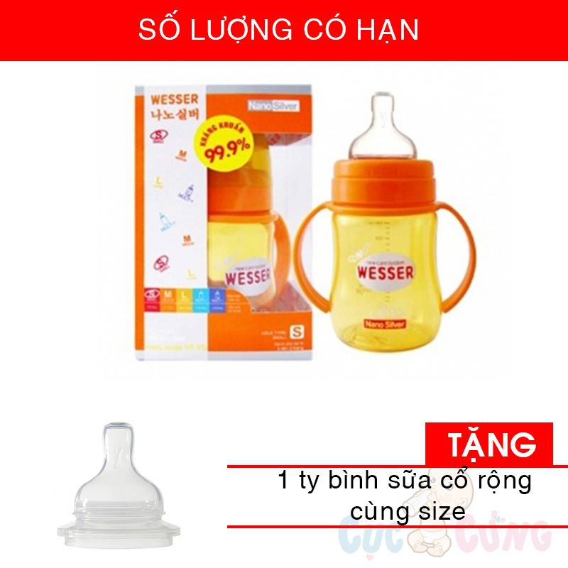 Bình sữa Wesser cổ rộng 180ml Tặng 1 ty bình sữa cùng size ( Số lượng có hạn)