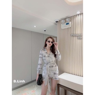 Đầm sơ mi họa tiết chữ tà đắp chéo cột dây eo tay dài!