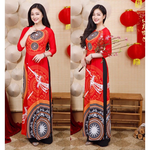 Áo dài cách tân cổ tròn họa tiết truyền thống AD4 vải lụa cao cấp [HÀNG XUẤT NHẬT-HÀN QUỐC]