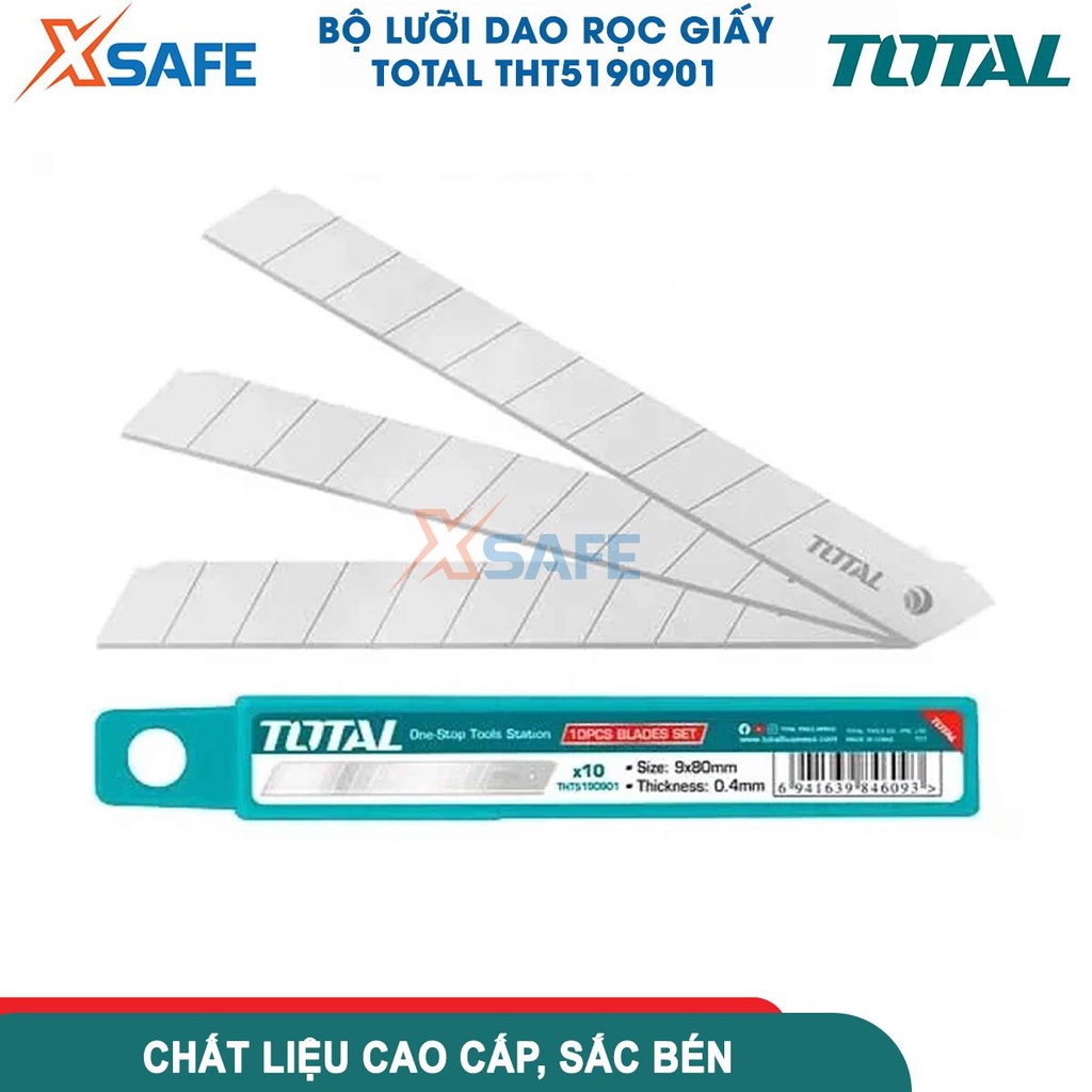 Bộ 10 lưỡi dao TOTAL THT5190901, kích thước lưỡi dao 9x80mm, phù hợp với dao rọc giấy THT5110906 / THT5110916 -