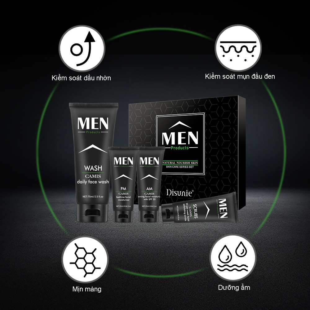 Bộ 4 sản phẩm chăm sóc da sữa rửa mặt + tẩy tế bào chết + kem dưỡng ẩm sáng tối đặc biệt dành cho nam Disunie mới 2021