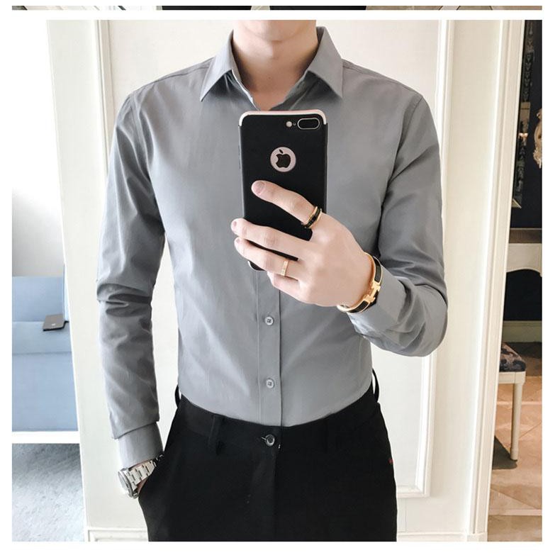 Áo sơ mi nam trơn tay dài, dáng ôm slimfit, phong cách Thời trang nam Hàn Quốc | BigBuy360 - bigbuy360.vn