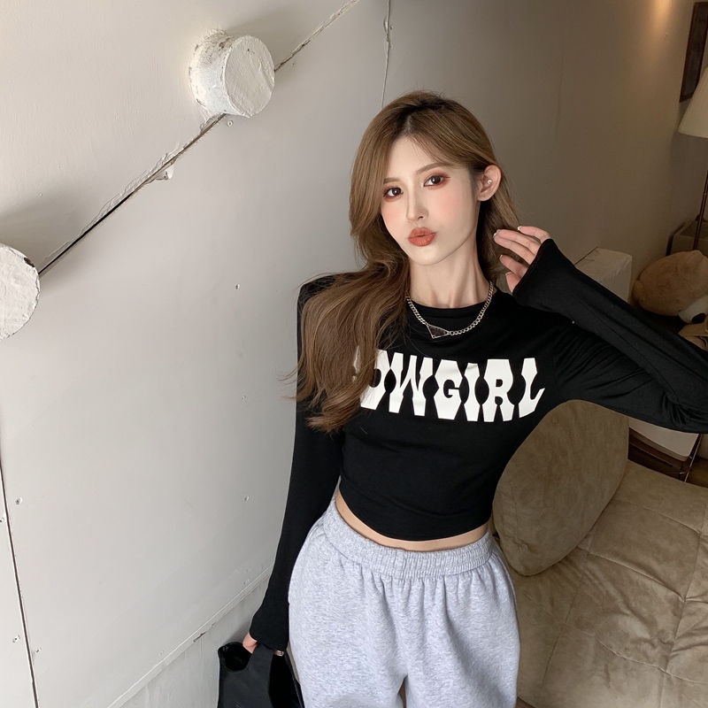 Áo Thun Đen Tay Dài Dáng Ôm In Họa Tiết Thời Trang Quyến Rũ Cho Nữ