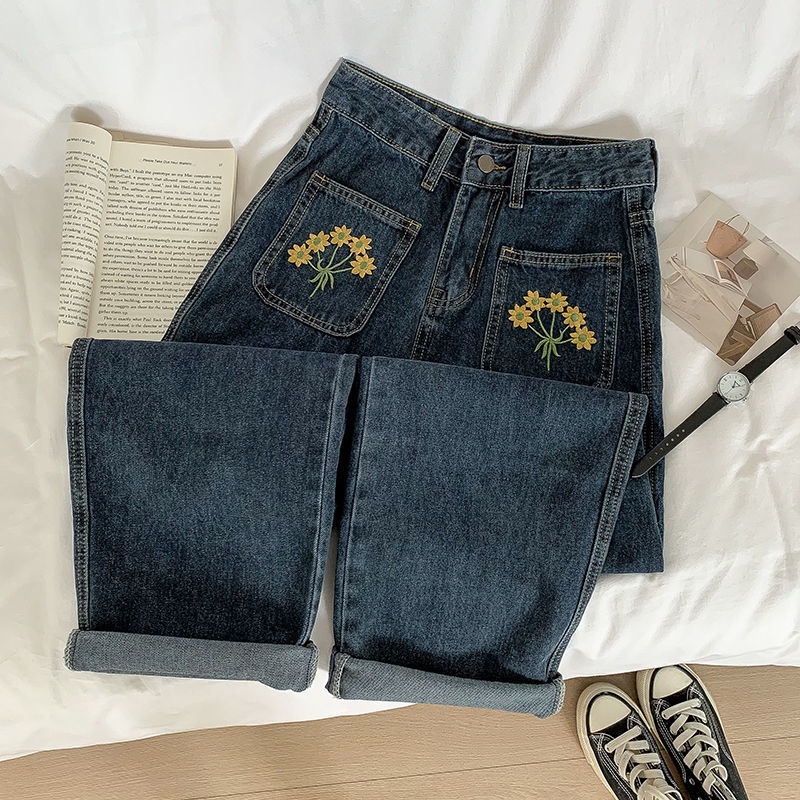 Quần Jeans Nữ Lưng Cao Thêu Hoa Thời Trang