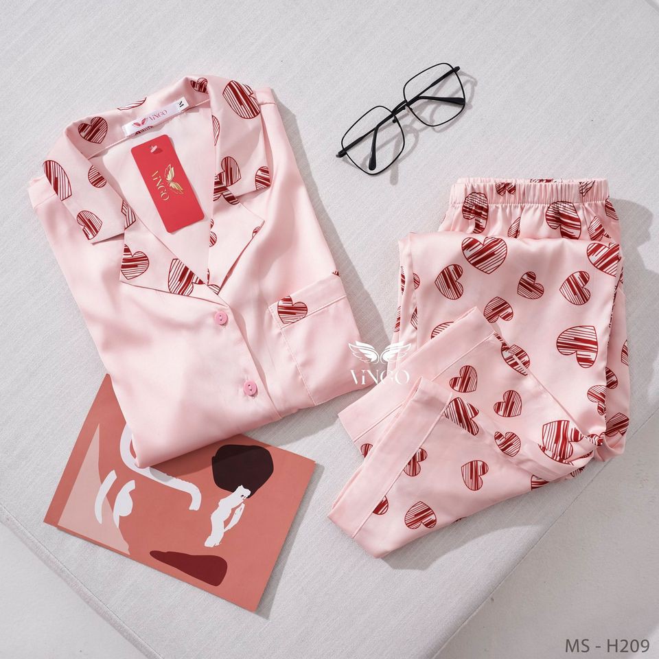 VINGO Pijama nữ tay cộc quần dài mặc nhà mặc ngủ mùa Thu lụa Pháp cao cấp họa tiết trái tim H209 VNGO 💖 😍