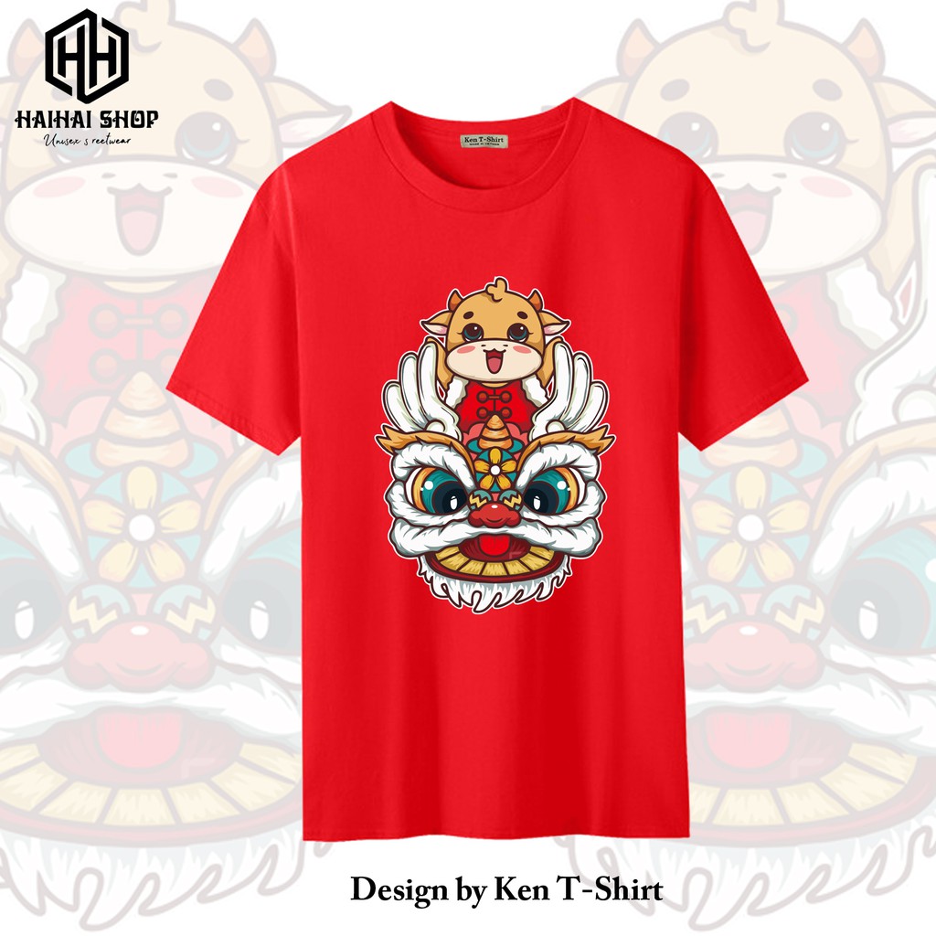 Áo Thun Tết Màu Đỏ In Hình Đầu Lân Chính Hãng Ken T-shirt