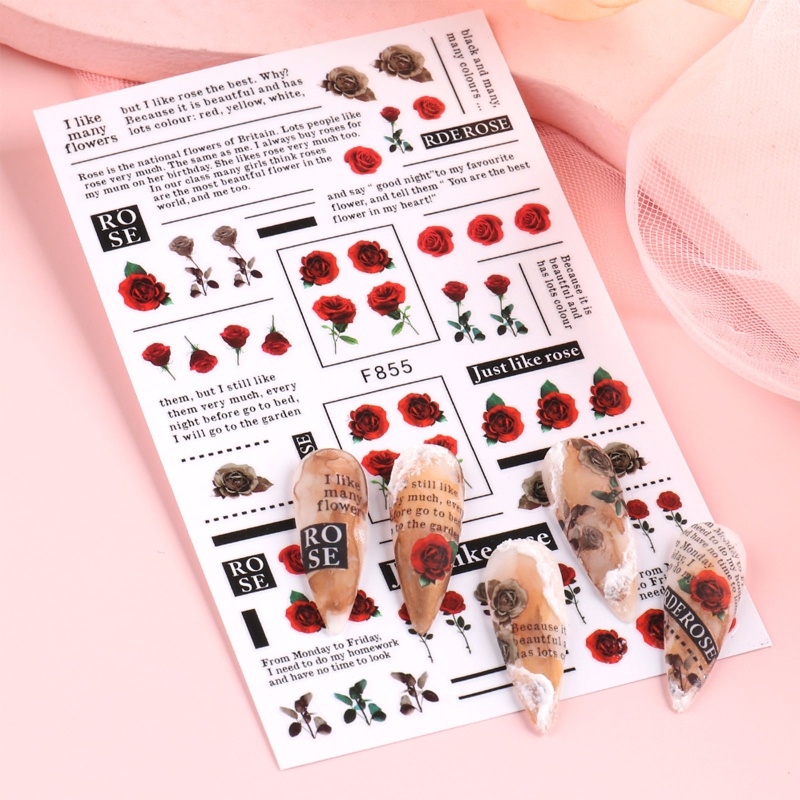 Set 6 / 10 Tấm Nhãn Dán Móng Tay Tự Dính Hình Hoa Hồng Mùa Hè