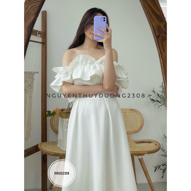 [Ảnh thật/Sẵn]Váy bèo trễ vai trắng có đệm ngực tiểu thư/Đầm dự tiệc trắng xinh xắn