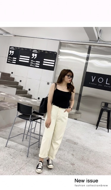 Quần jean baggy big size lưng cao trơn size 65-105kg màu kem, đen